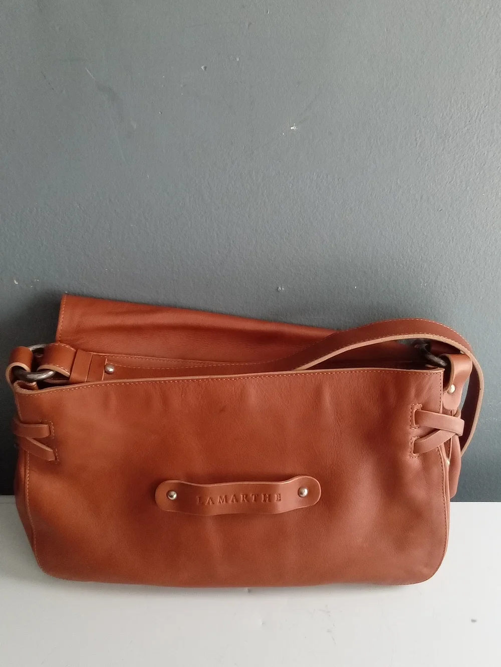 Lamarthe Paris Cognac Brown Leather Crossbody Bag Flap Closure Messenger